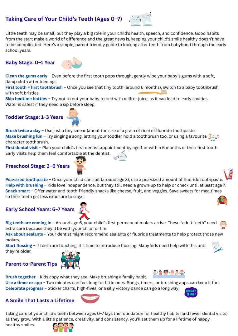 taking care of your child’s teeth (ages 0–7) little teeth may be small, but they play a big role in your child’s health, speech, and confidence. good habits from the start make a world of differen