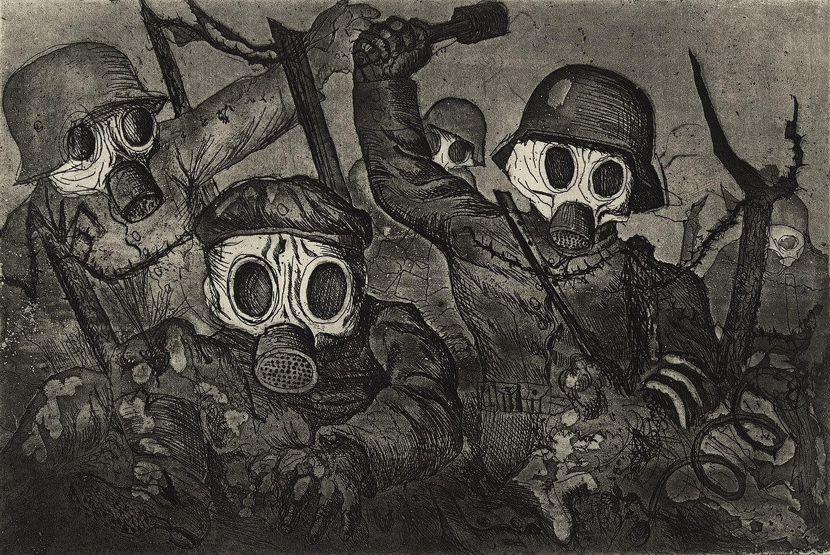 'stormtroops advancing under gas', etching and aquatint by otto dix, 1924