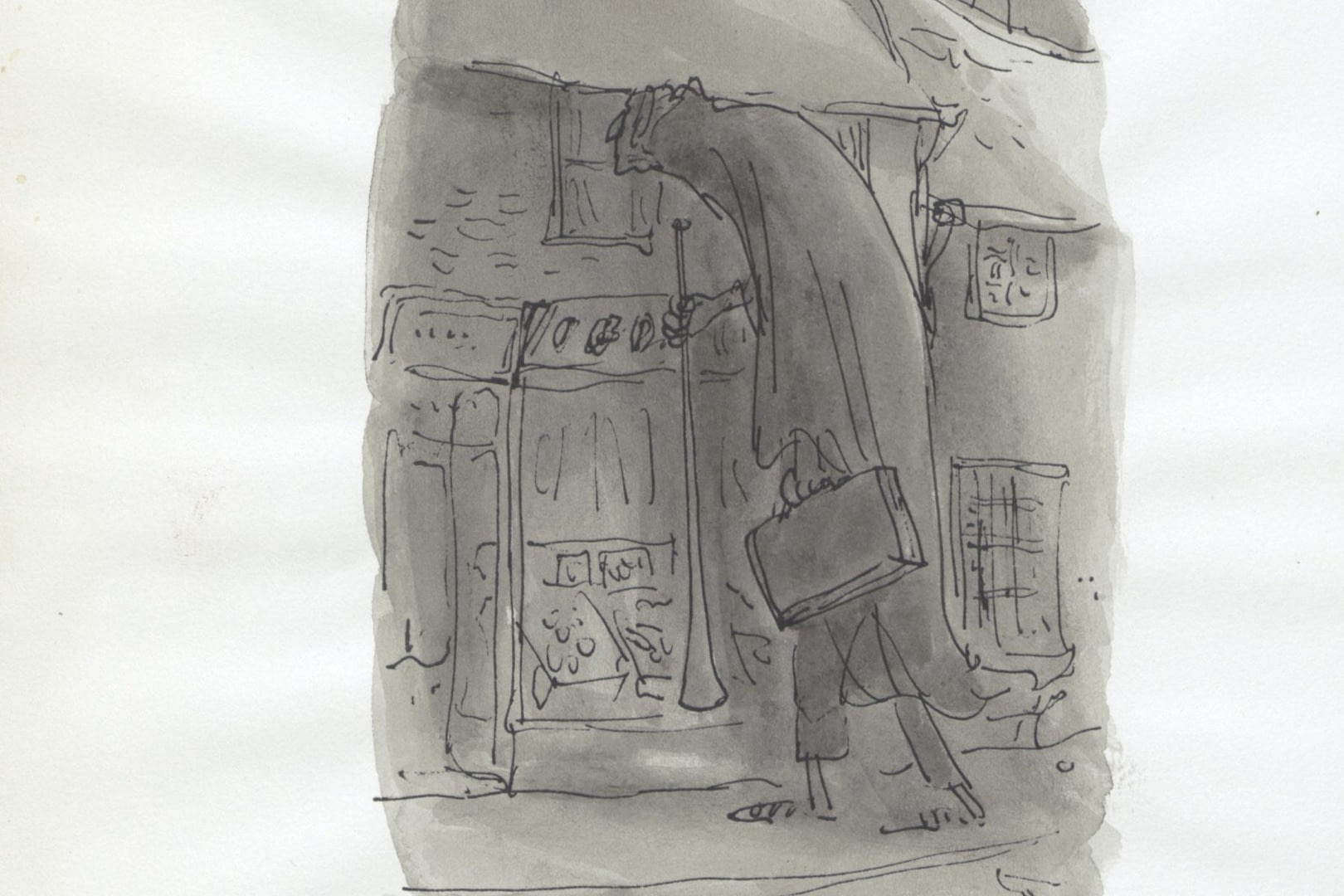 the bfg walking down the high street at night, from 'the bfg' (jonathan cape, 1982) © quentin blake