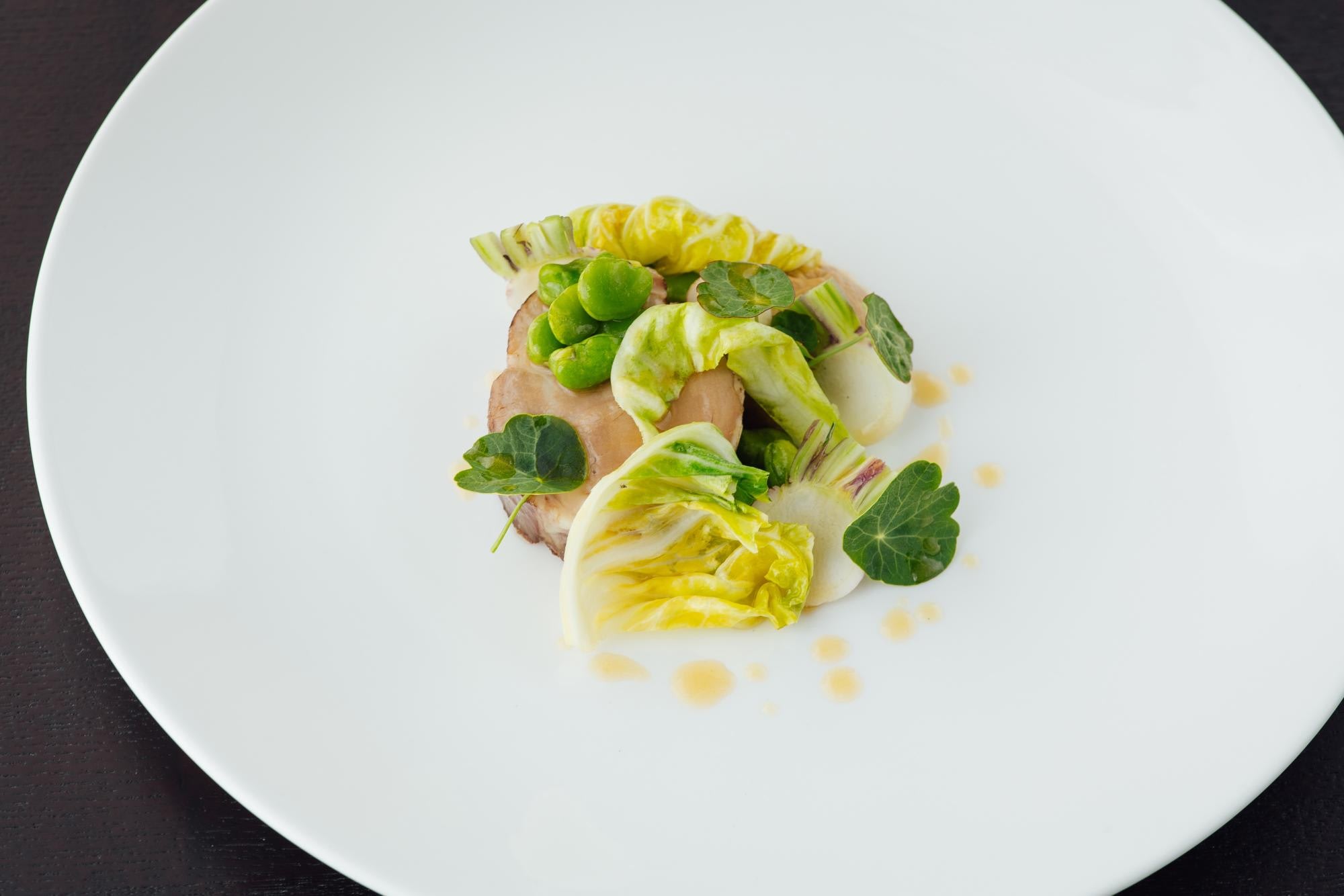 Pork Collar with Broad Beans, Brassicas, Turnip and Walnut