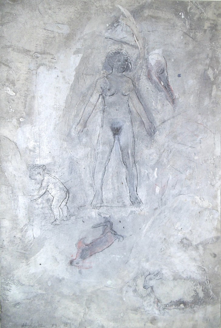 heather eastes figures in the silver hill 1989 pencil and acrylic 62 x 52.5 framed