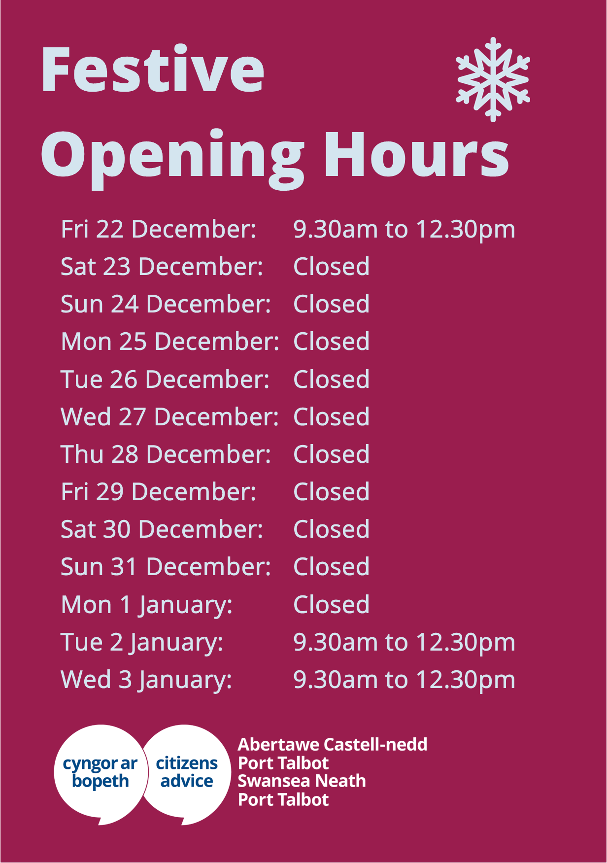 Festive Open and Closed hours Citizens Advice Swansea Neath Port Talbot